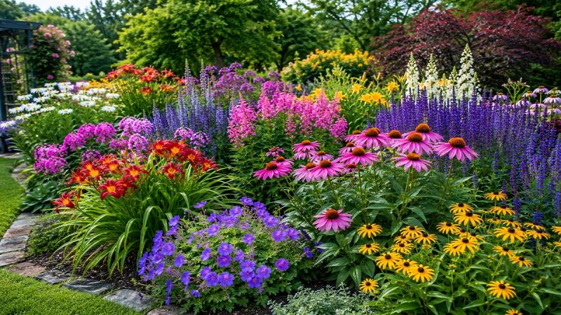 Colorful perennial flowers growing in a garden