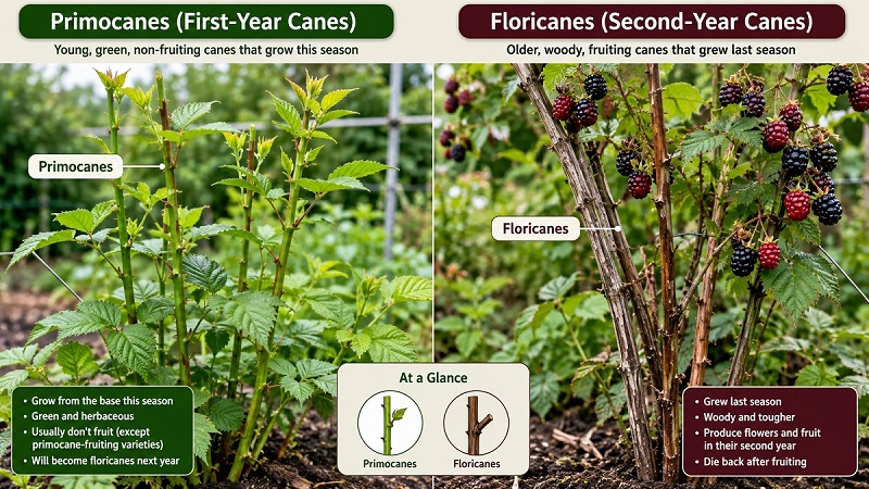 Primocanes and floricanes on raspberry and blackberry plants showing young first-year canes and older fruiting canes