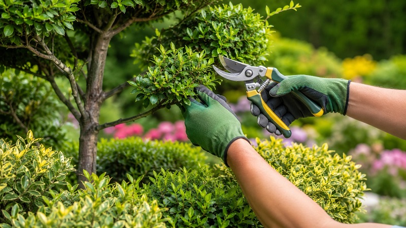 Healthy tree and shrubs being carefully pruned with pruning shears in a garden