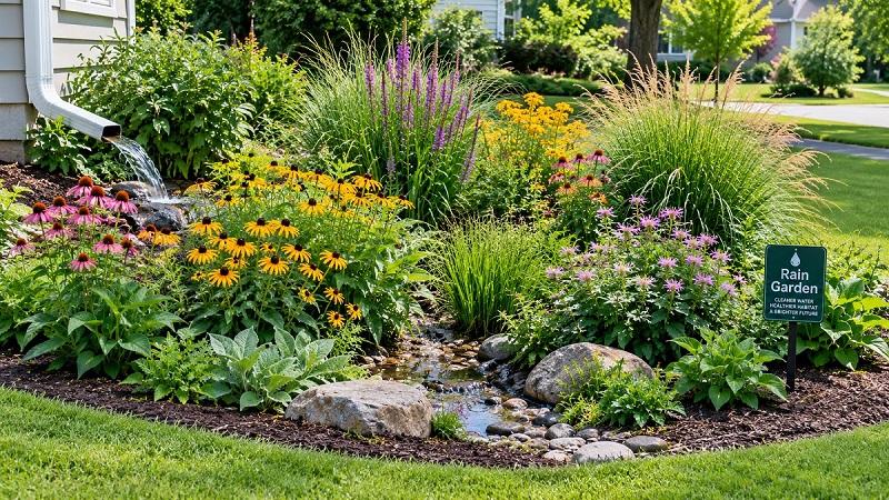 Rain garden with native flowers, ornamental grasses, and lush plants capturing rainwater runoff in a landscaped yard