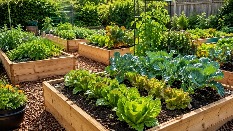 Raised bed vegetable garden with healthy crops growing in wooden raised beds filled with rich soil and surrounded by mulched pathways