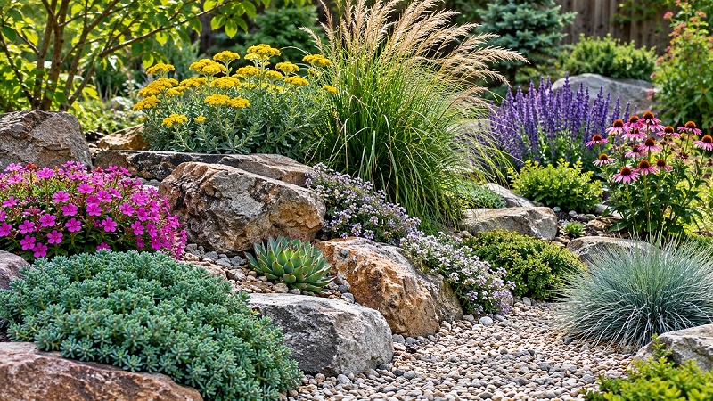Rock garden with natural stones, gravel, drought-tolerant plants, flowering perennials, and ornamental grasses