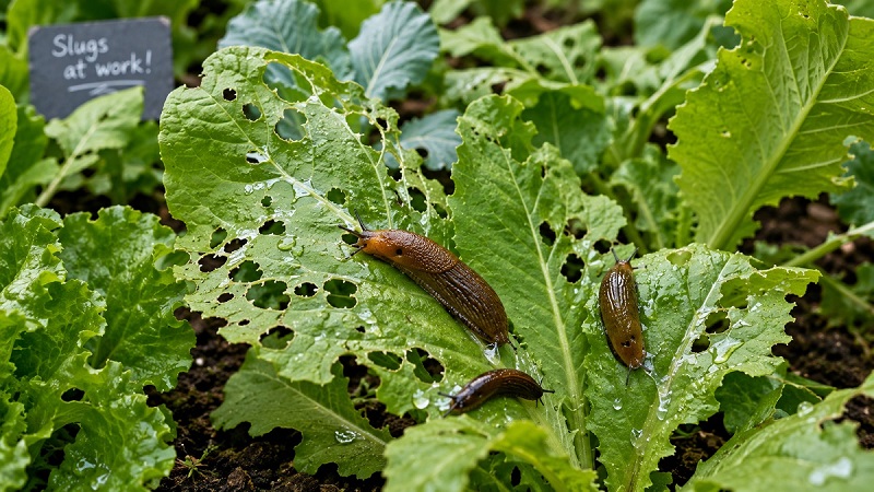 Slugs feeding on leafy vegetable plants in a home garden with visible leaf damage and slime trails