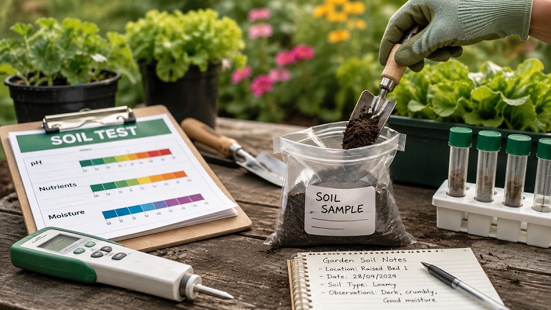 Soil testing in gardening with a soil sample being prepared for testing