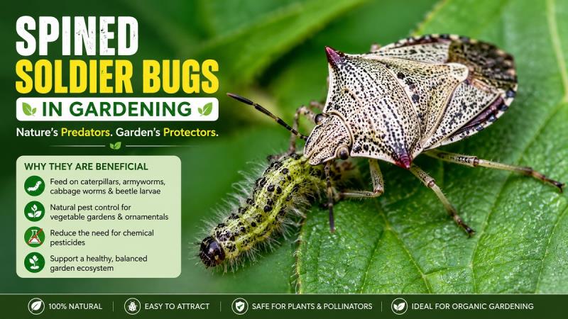 Adult spined soldier bug (Podisus maculiventris) hunting pests on a garden plant