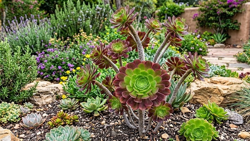 Aeonium arboreum 'Atropurpureum' rosette with green centers transitioning into reddish-purple leaves