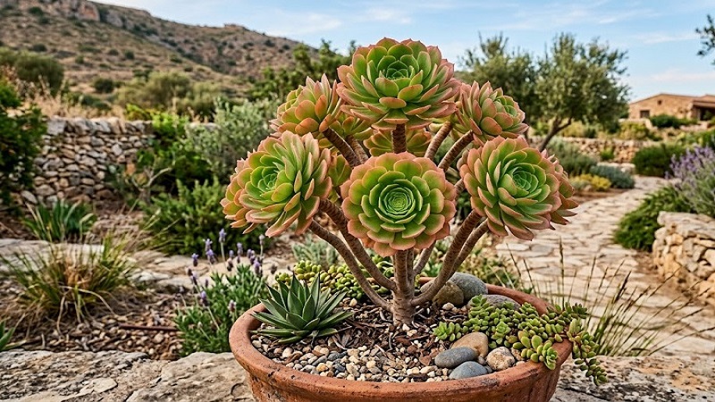 Branched Aeonium Blushing Beauty succulent showing green rosettes with soft reddish-pink edges