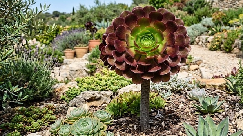 Large Aeonium 'Cyclops' rosette with deep burgundy and bronze leaves surrounding a green center on a tall stem