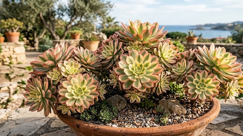 Variegated Aeonium haworthii 'Dream Color' rosettes with green and cream leaves edged in pink