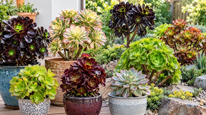 Top 10 Aeonium varieties with colorful rosettes growing in containers and home garden settings
