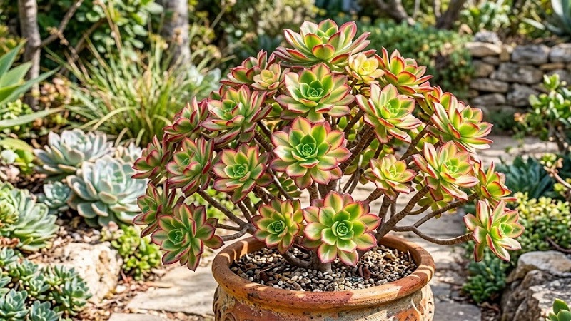 A branching Aeonium haworthii Kiwi succulent with multi-colored rosettes featuring green centers and red-edged leaves