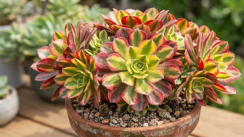 Close-up of Aeonium 'Mardi Gras' showing rosettes with green, yellow, and red foliage tones
