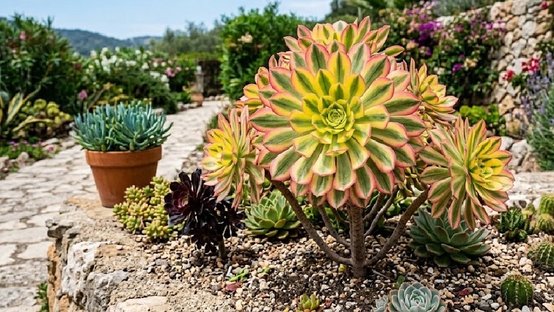 Large rosette of Aeonium Sunburst showing variegated yellow, green, and pink-edged succulent leaves