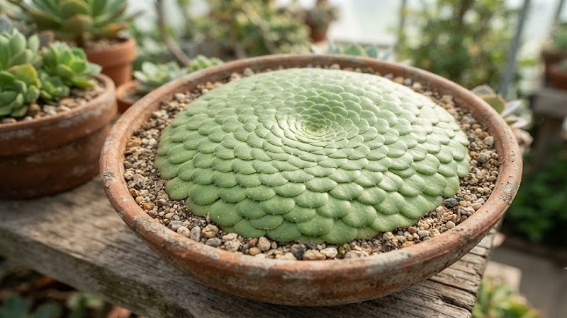 Close-up of Aeonium tabuliforme showing its uniquely flat, overlapping circular leaf rosette in a container