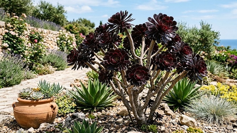 Aeonium 'Zwartkop' featuring dark burgundy to near-black leaf rosettes on thick branching stems.