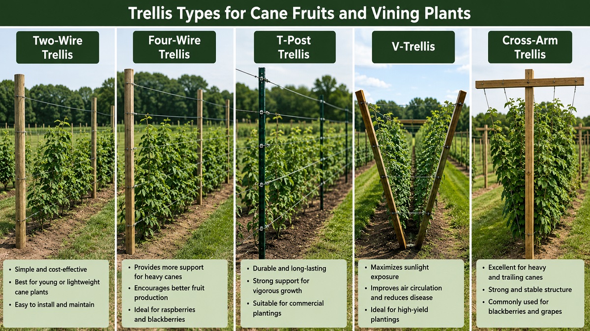 Comparison of Two-Wire, Four-Wire, T-Post, V-Trellis, and Cross-Arm trellis systems for supporting cane fruits and vining plants