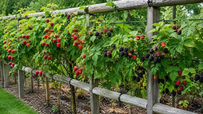 Healthy raspberry and blackberry canes trained along a sturdy garden trellis with fruiting branches supported above the ground