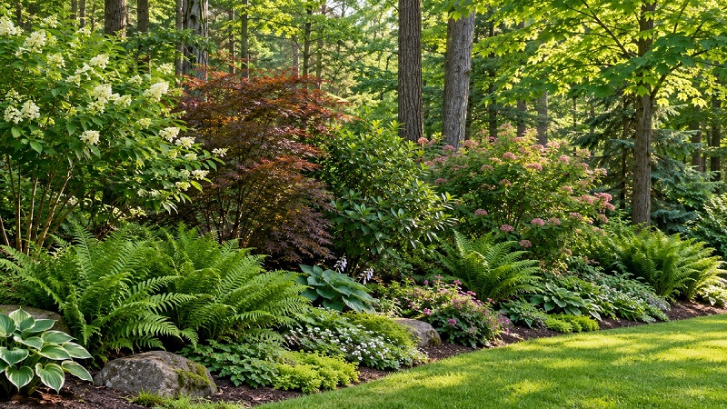 Woodland edge garden with layered trees, shrubs, ferns and ground covers in a natural landscape