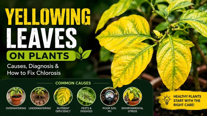 Yellowing leaves on a garden plant showing chlorosis caused by nutrient deficiency or improper watering